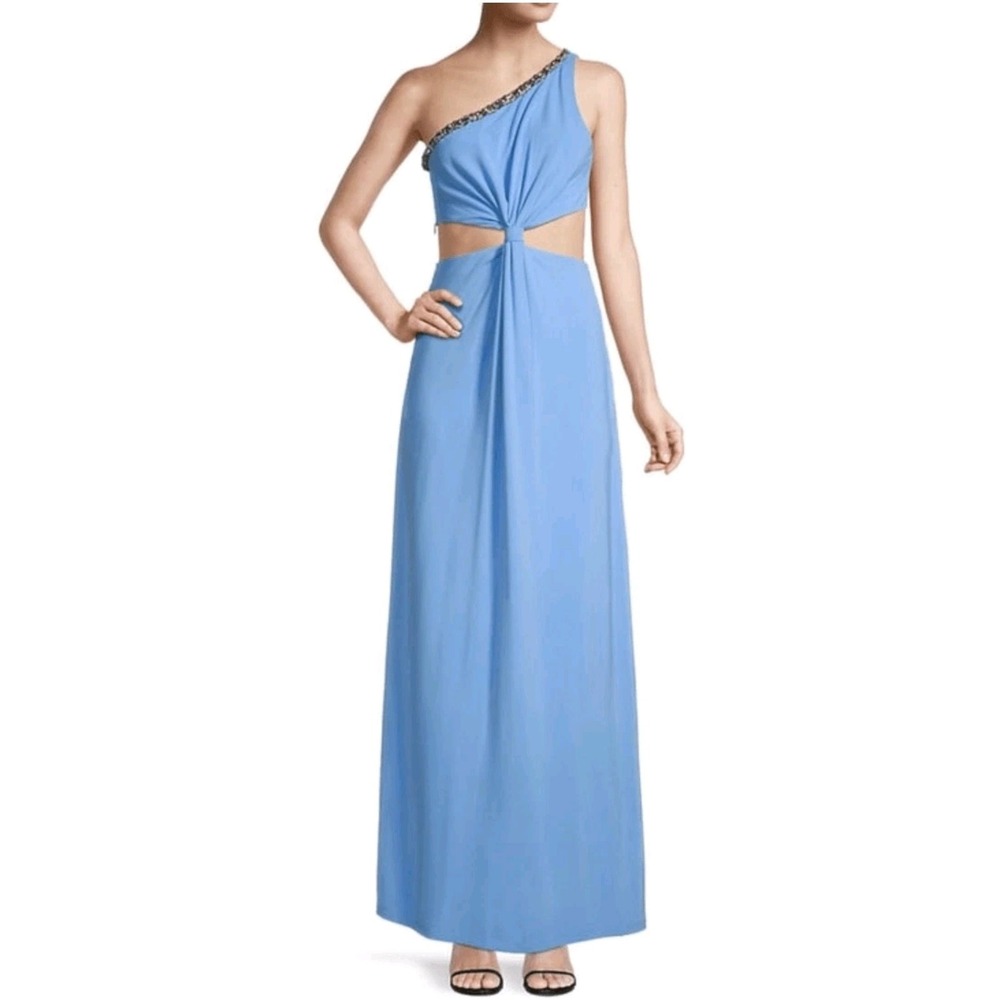 Ramy Brook Blue One Shoulder Cutout Embellished Maxi Dress sz 12 Formal Evening